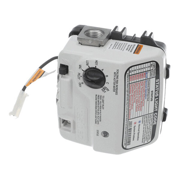 A rectangular electronic device with a control knob, wiring, and a status light code label on its surface.