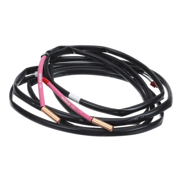 A coiled black cable with exposed copper wire ends and a section of pink insulation.