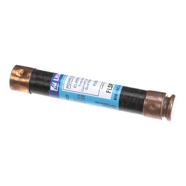 A cylindrical fuse with metallic end caps and a blue and white label wrapped around the body.