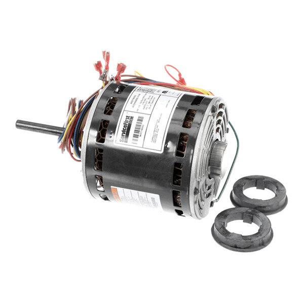 A cylindrical electric motor with multiple colored wires attached, a protruding shaft, and two black circular mounting brackets beside it.