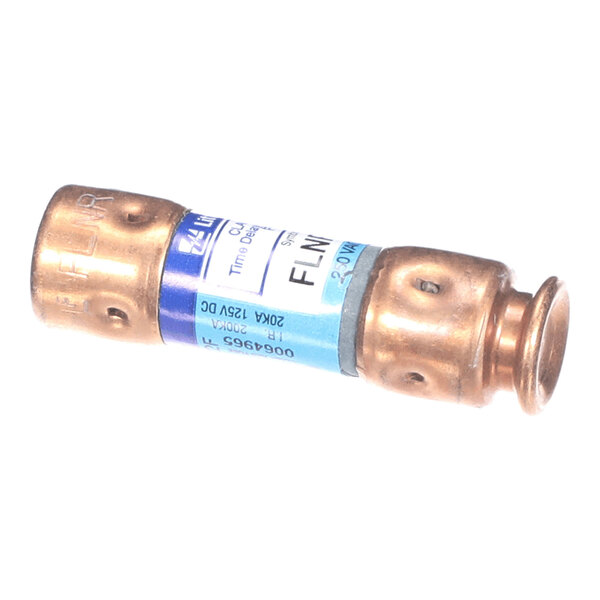 A cylindrical fuse with metallic ends and a blue label wrapped around the center, displaying technical specifications.
