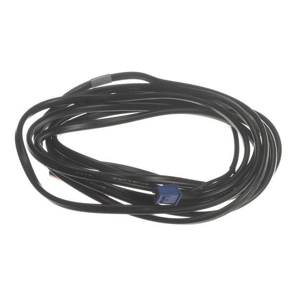 A coiled black cable with a blue connector at one end.
