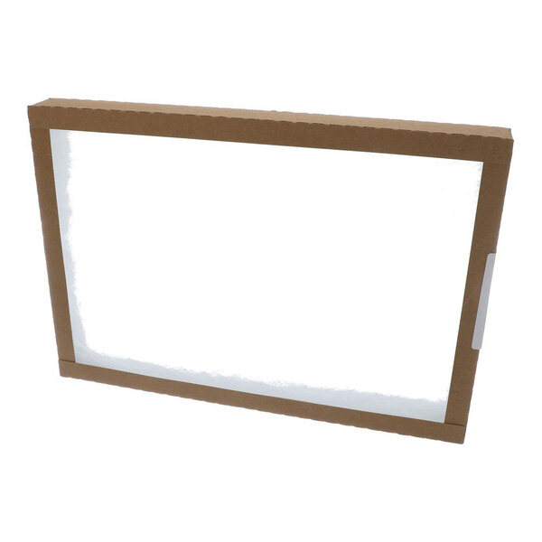 A rectangular air filter with a brown cardboard frame and white filter material.