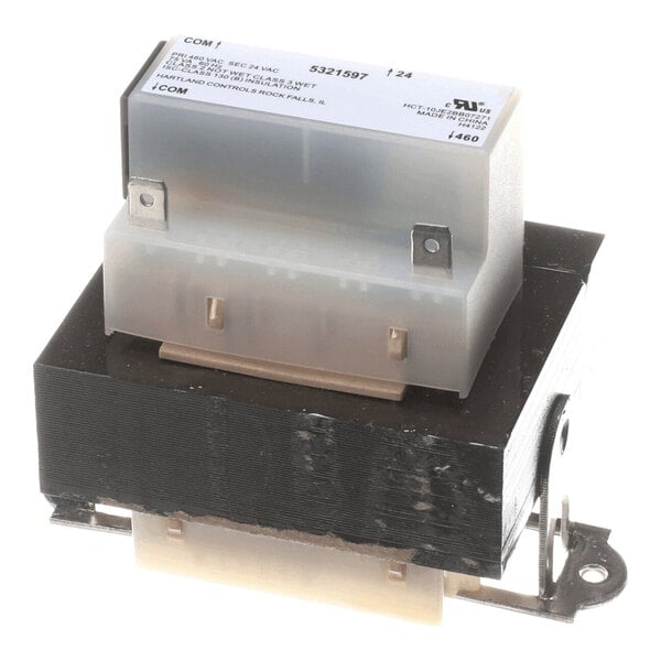 A rectangular electrical transformer with a black metal core and a translucent plastic terminal cover, featuring visible mounting brackets.