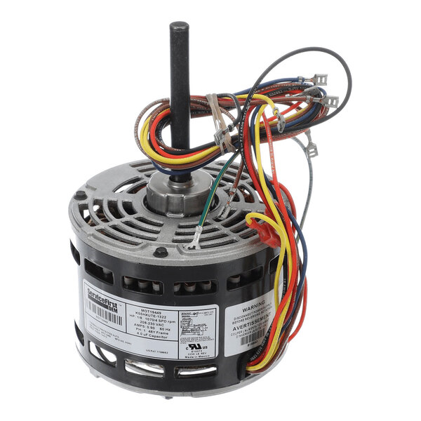 A cylindrical electric motor with a central shaft and multiple colored wires extending from the top.