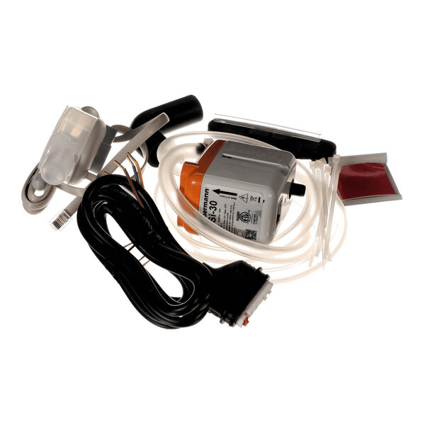 A collection of components including a small electric pump, tubing, wires, and connectors, arranged on a white background.