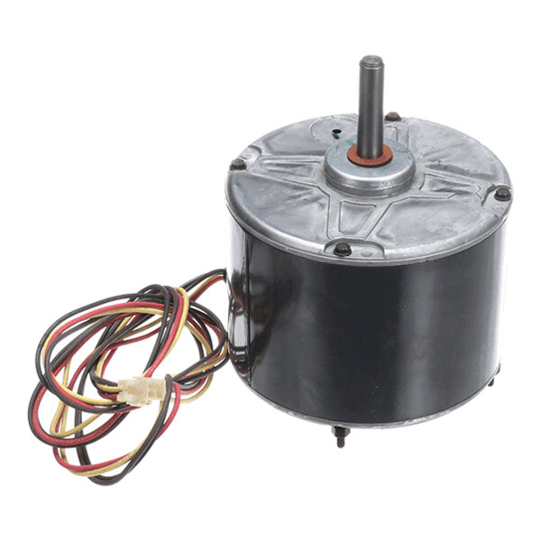 A cylindrical electric motor with a protruding shaft, attached wires, and a connector.
