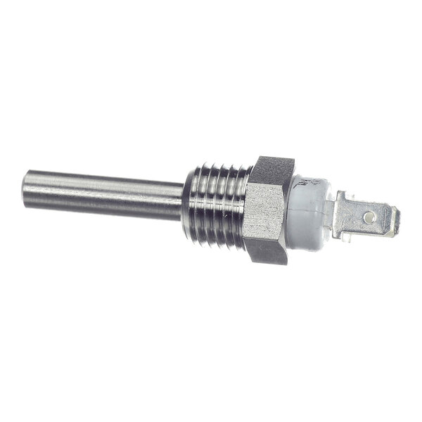 A metal cylindrical sensor with a threaded hexagonal nut and an electrical connector on one end.