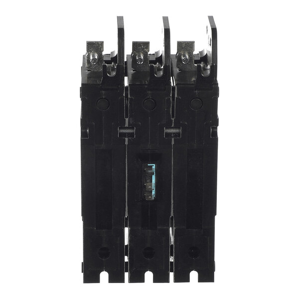 A front view of a black three-pole circuit breaker with visible metal terminals and a small blue switch in the center section.