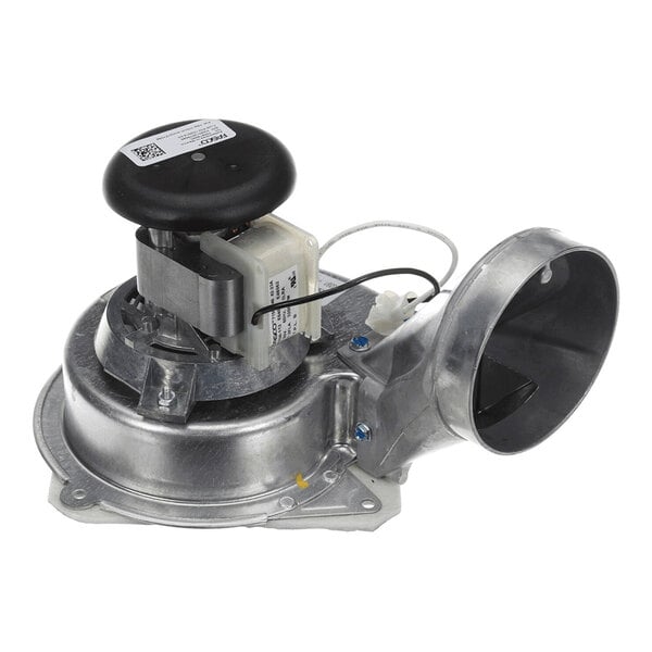 A metallic blower assembly with a cylindrical housing, attached motor, wiring, and a round exhaust outlet.