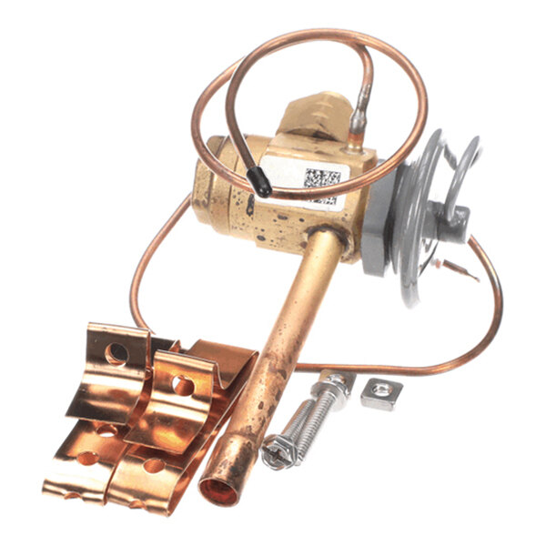 A brass and copper valve assembly with attached copper tubing, metal brackets, and mounting hardware.
