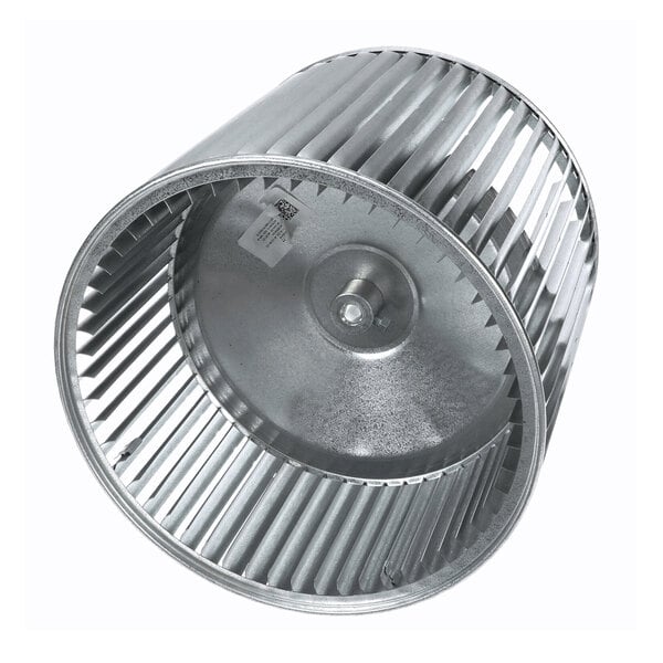 A cylindrical metal blower wheel with evenly spaced blades and a central hub.
