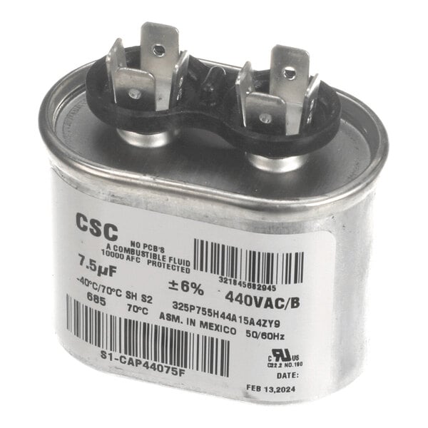 A metal canister with two sets of electrical terminals on top and a label displaying technical specifications.