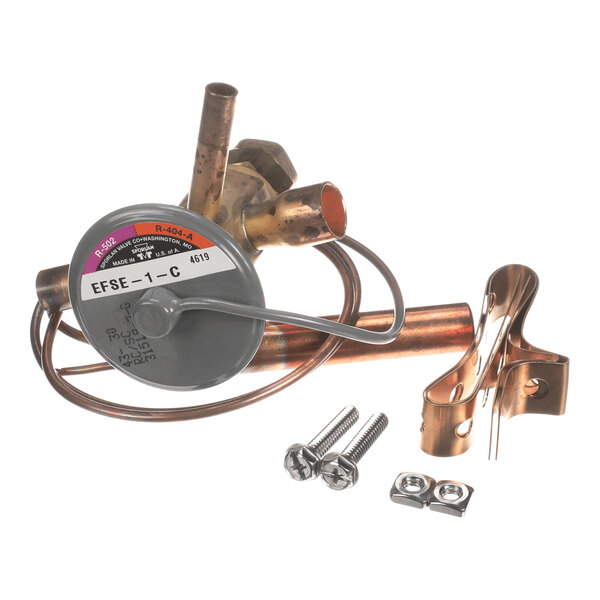 A metal thermostatic expansion valve assembly with attached copper tubing, a mounting bracket, and two screws with nuts.