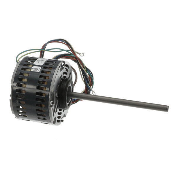 A cylindrical electric motor with a long central shaft and several colored wires extending from the back.
