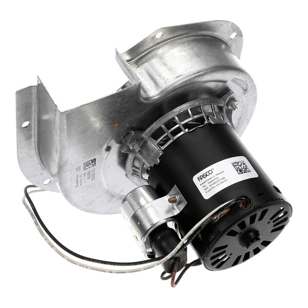 A metal and black cylindrical motor assembly with attached wiring and a mounting bracket.