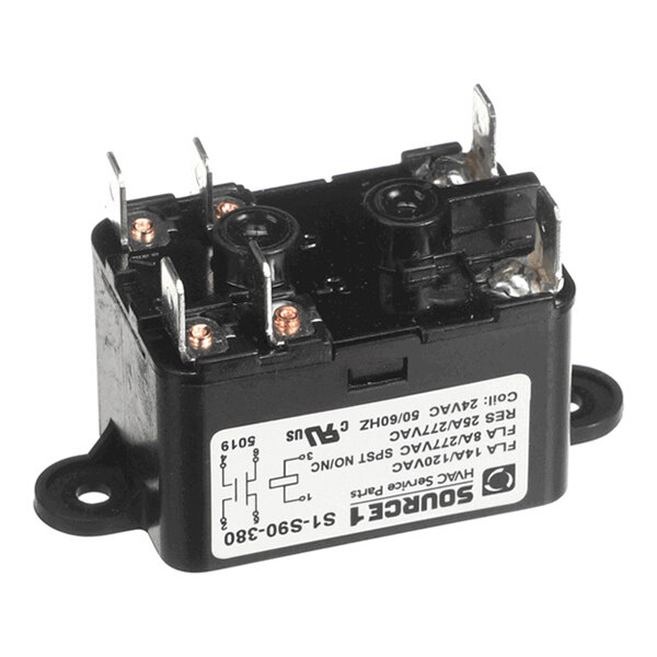 A black rectangular electrical relay with multiple metal terminals and a white label displaying technical specifications and a wiring diagram.