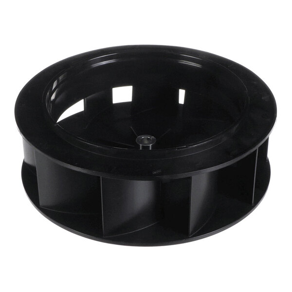 A black, circular plastic fan wheel or impeller with multiple straight blades and a central hub.