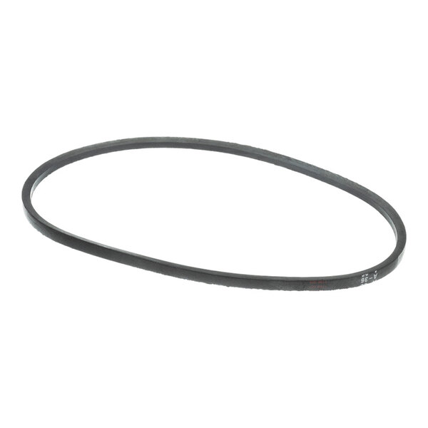 A black, flat, oval-shaped rubber belt is shown against a white background.