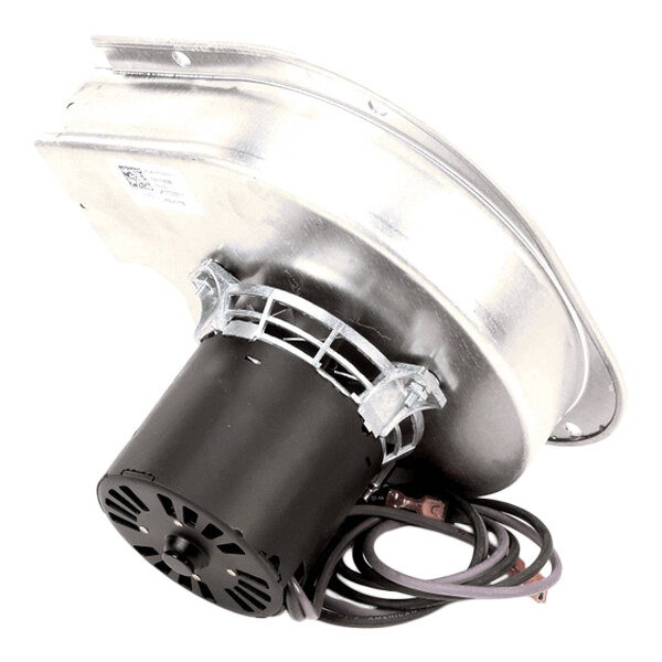 A metal and black cylindrical blower or venter assembly with attached wiring, featuring a curved metal housing.