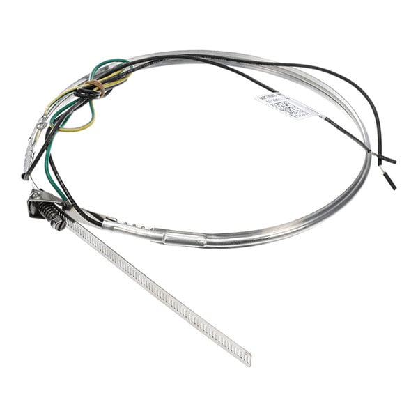 A coiled metal cable with attached wires and a metal strap, likely part of an electrical or heating component.