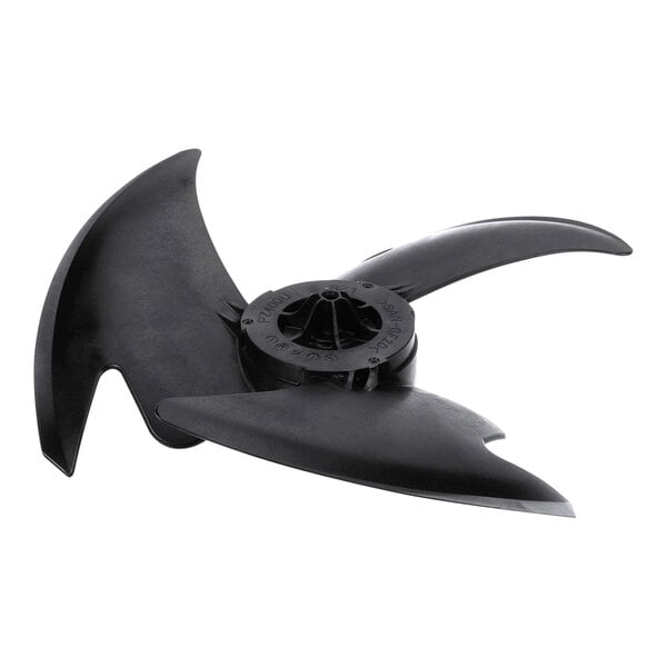 A black, three-bladed plastic fan blade with a central mounting hub, shown against a white background.