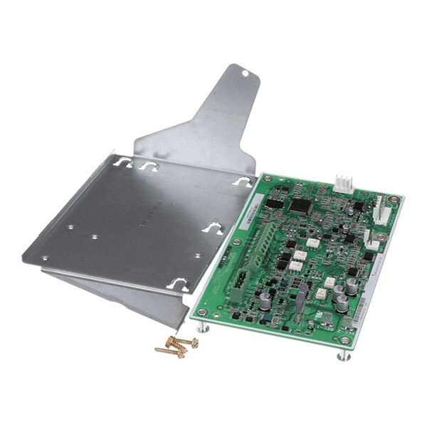 A green electronic circuit board with various components, a metal mounting bracket, and a few screws placed nearby.