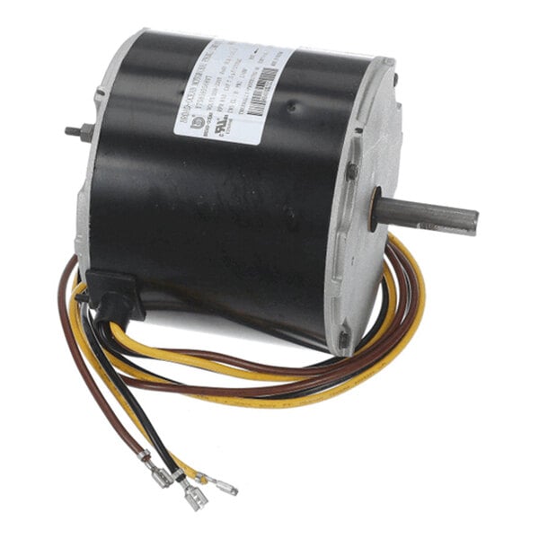 A cylindrical electric motor with a metal shaft protruding from one end and several colored wires extending from the base.