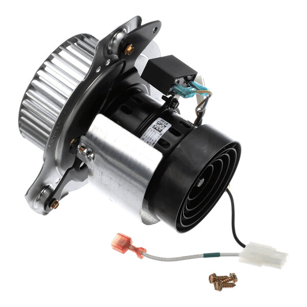 A metallic and black electric motor assembly with a fan blade, wiring, and mounting hardware visible.