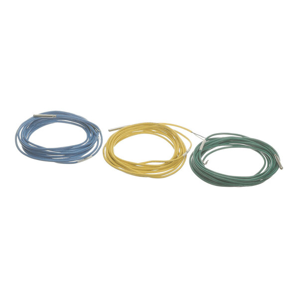 Three coiled wires in blue, yellow, and green, each with a metal tip, are arranged side by side on a white background.