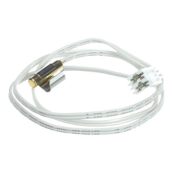 A white cable with a brass cylindrical sensor and a plastic connector at the end.