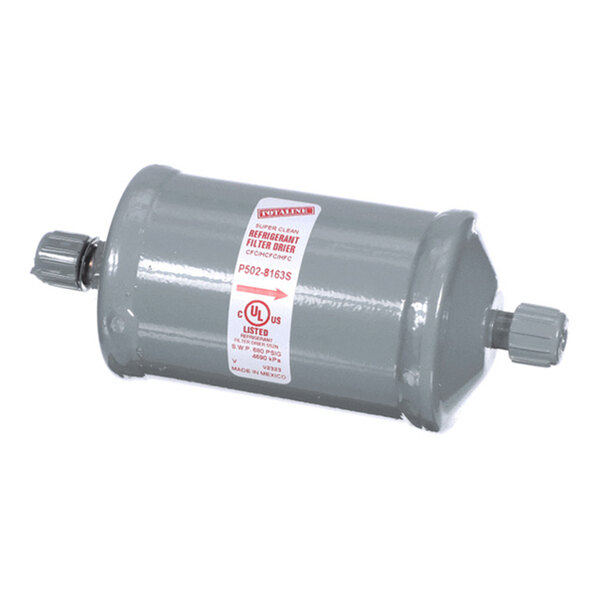 A cylindrical gray metal component with capped ends and a label in the center.