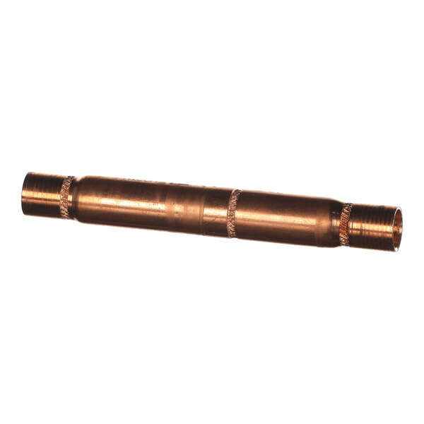 A cylindrical metallic component with threaded ends and textured bands, likely used for plumbing or HVAC applications.