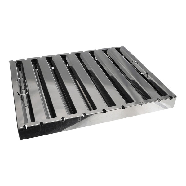 A rectangular stainless steel object with parallel raised slats and two metal handles on the sides.