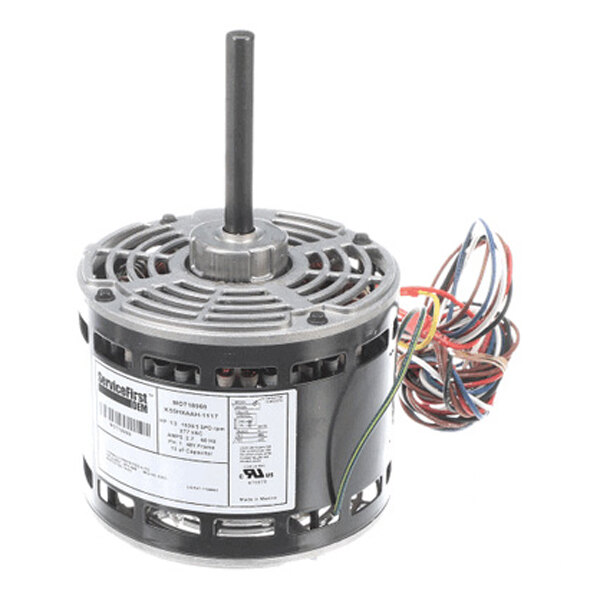 A cylindrical electric motor with a central shaft, vented housing, and multiple colored wires extending from the side.