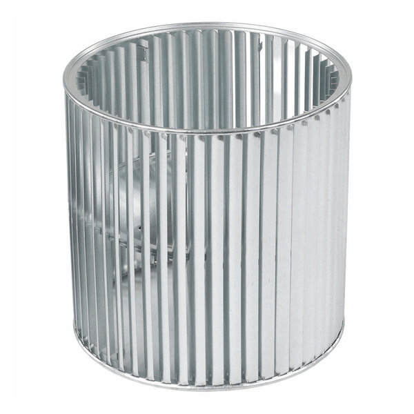 A cylindrical metal component with evenly spaced vertical fins, resembling a blower wheel or fan wheel.