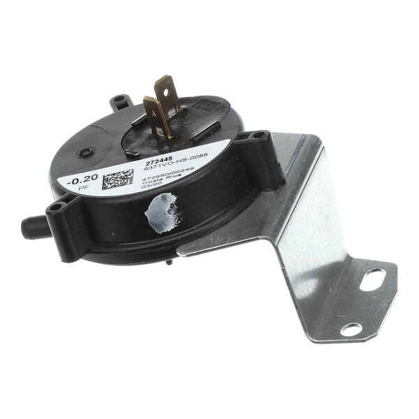 A round black pressure switch with two metal terminals, mounted on a metal bracket with two holes for installation.