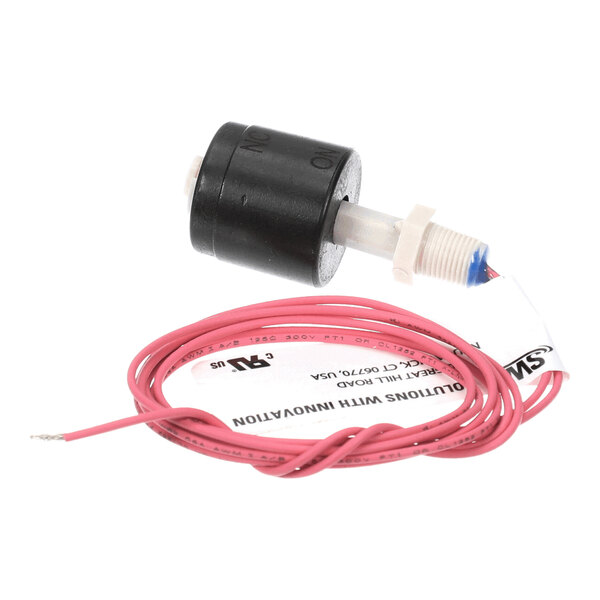 A small cylindrical float switch with a black body, white threaded stem, and attached red electrical wires coiled neatly.