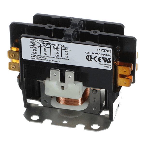 A black and metallic electrical contactor with a visible copper coil, labeled with technical specifications and connection terminals on the sides.