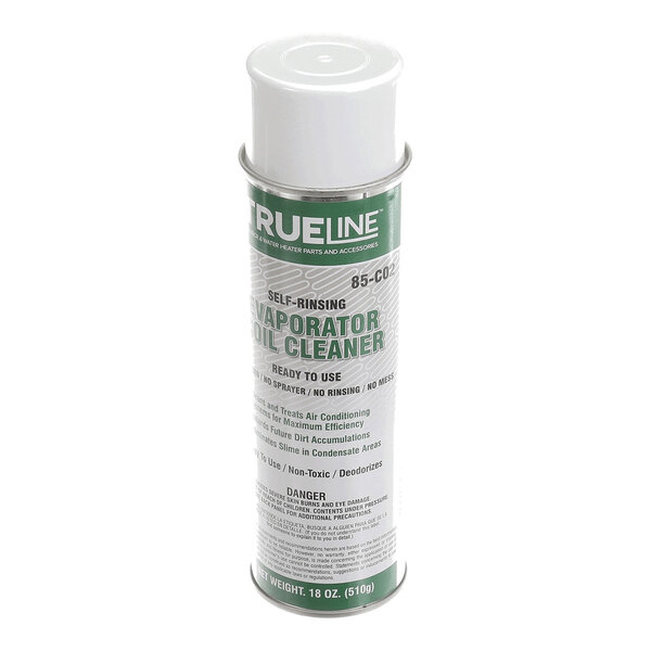 A tall aerosol can with a white cap and green and white labeling, identified as an evaporator coil cleaner.