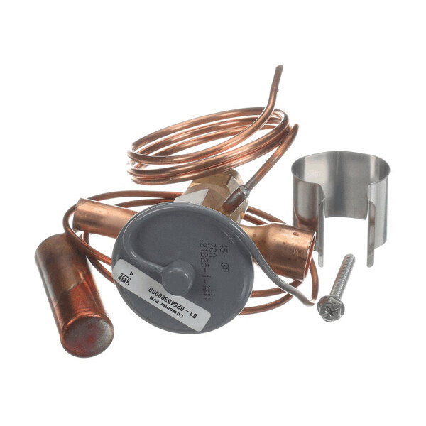 A coiled copper tube assembly with a cylindrical component, a round gray cap, a metal clamp, and a screw.