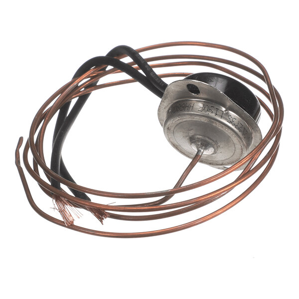 A metal component with attached black wires and a coiled copper wire, likely an electrical or thermal switch.