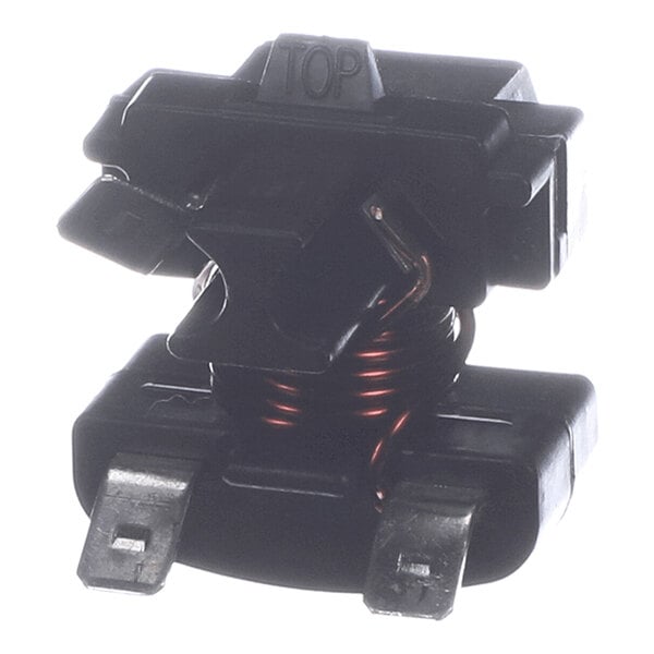 A small black electrical relay with visible copper coil and two metal terminals.