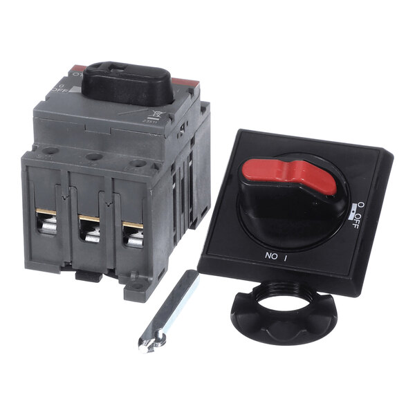 A gray and black electrical disconnect switch assembly with a red and black rotary handle, mounting hardware, and a rectangular faceplate.