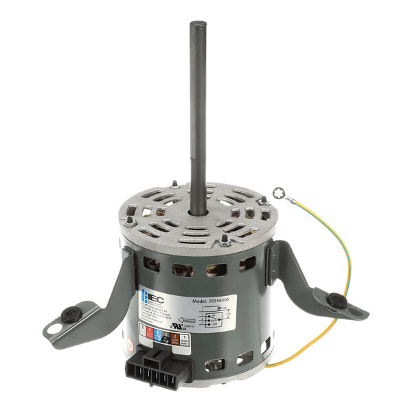 A cylindrical electric motor with a central shaft, two mounting brackets, a wiring connector, and a yellow grounding wire.