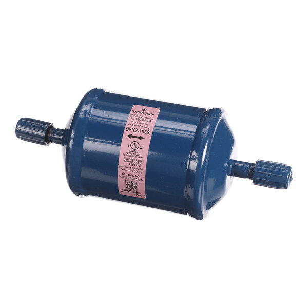 A blue cylindrical metal component with threaded connectors on both ends and a pink label in the center.