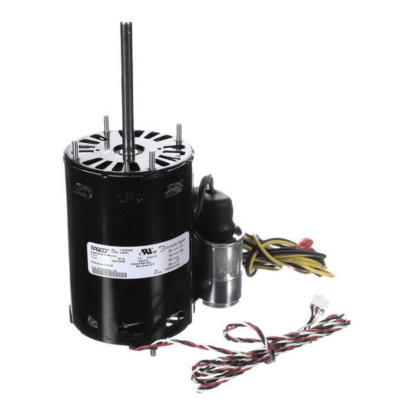 A cylindrical black electric motor with a vertical shaft, attached capacitor, and several colored wires extending from it.