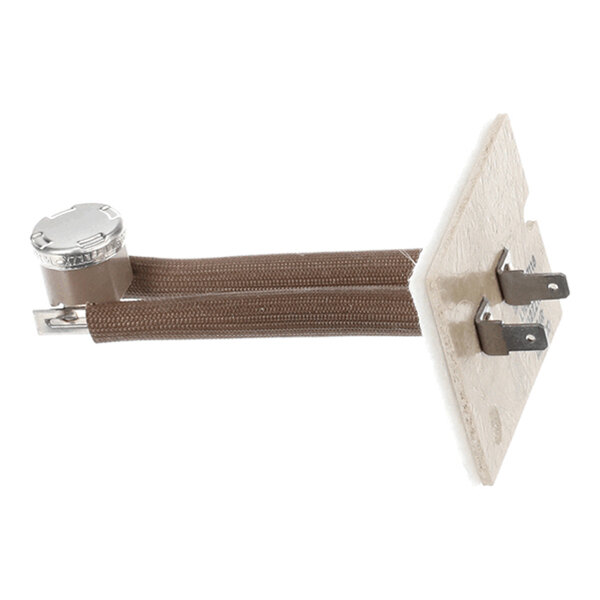 A metal and fabric-wrapped electrical component with a round cap, two prongs, and a rectangular mounting plate.