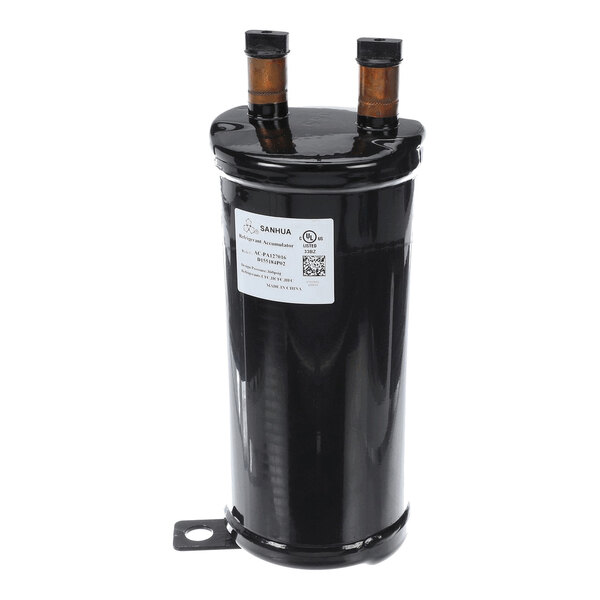 A black cylindrical metal component with two copper pipe connections on top and a mounting bracket at the base.