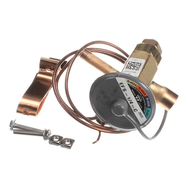 A brass and copper valve assembly with a coiled copper tube, a metal clamp, and two screws with washers.